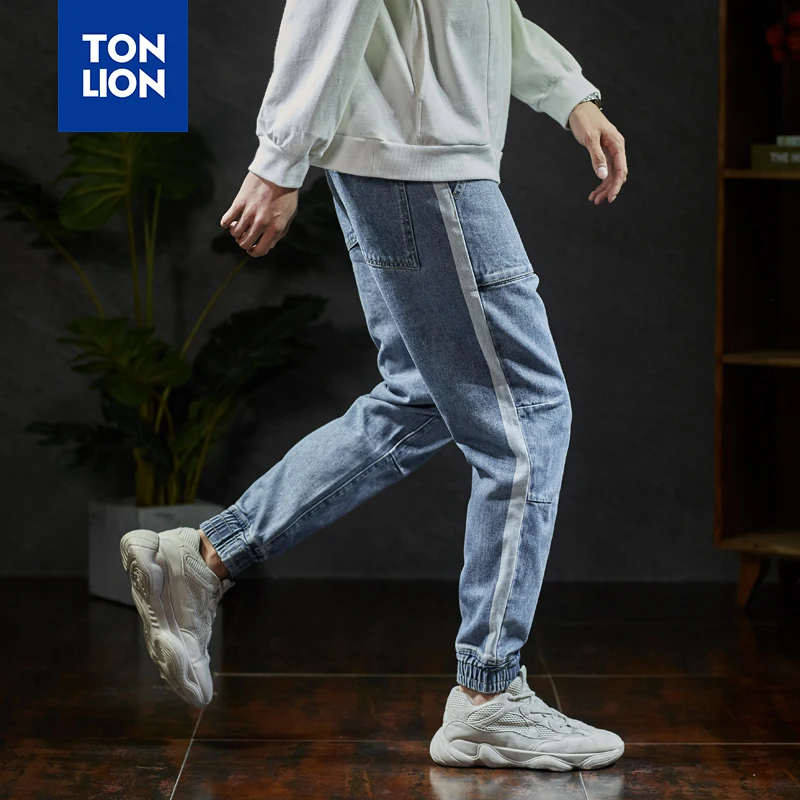 Мужские джинсы в стиле пэчворк TONLION черные и синие свободные брюки-карго