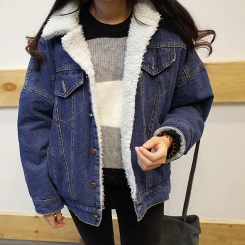 

Stinlicher Spring Autumn Winter Women lambswool jean Coat With 4 Pockets Long Sleeves Warm Jeans Coat Outwear Wide Denim Jacket