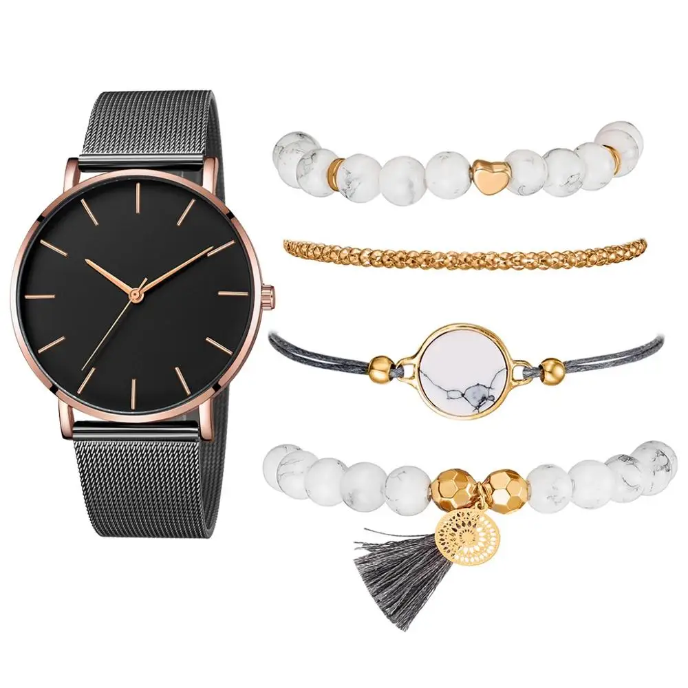 As Show Watch Set Новые Модные Элегантные женские часы, 5 шт. в наборе, браслет, кварцевый механизм, простые, водонепроницаемые, розовое золото, сетка, женские часы, Relogio Feminino - Цвет: As Show Watch Set