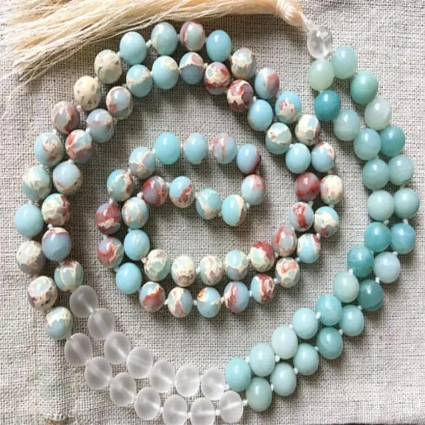 

8mm Amazonite Crystal jasper Gemstone mala necklace 108 Beads yoga men spirituality Gemstone Hot Handmade pray Wristband Healing