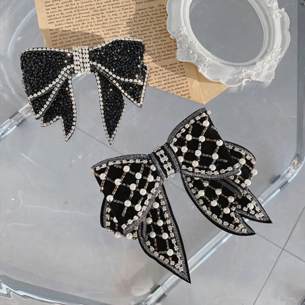 

Fashion hair accessories women crystal pearl bow hairpins temperament top clip spring word clip back head clip hairpin headwear