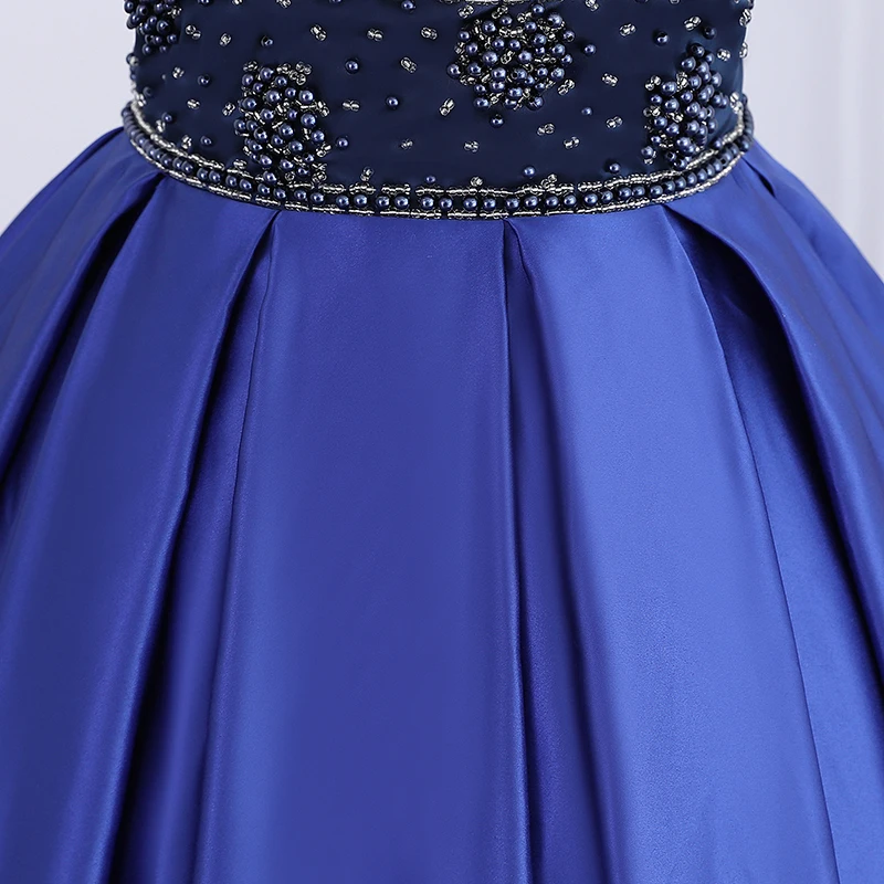 

Real Photos V-Neck A-Line Sleeeveless Beaded Prom Gowns Navy Blue Long Satin Prom Dresses