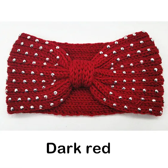 Dark red Зимние Стразы, блестки, повязка на голову для женщин, трикотажный подогреватель чалма, закрывающая уши, головной убор, Панк шерсть, вязанные крючком повязки на голову, аксессуары для волос - Цвет: Dark red