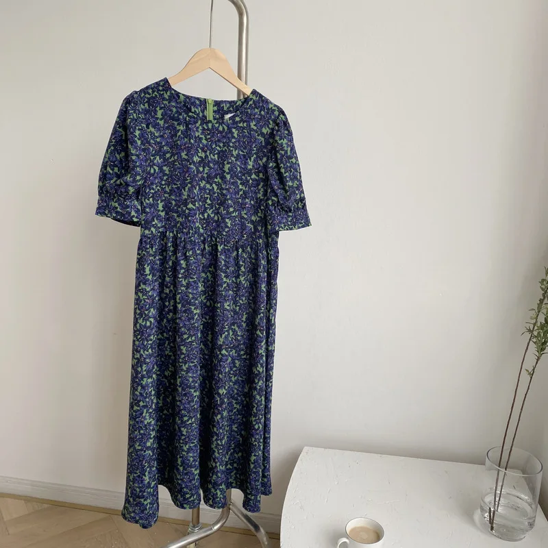 

Elegant Round Collar Printed Women Dress Short Sleeve High Waist Female Long Dress 2020 Summer Casual Loose Midi Vestidos Femme