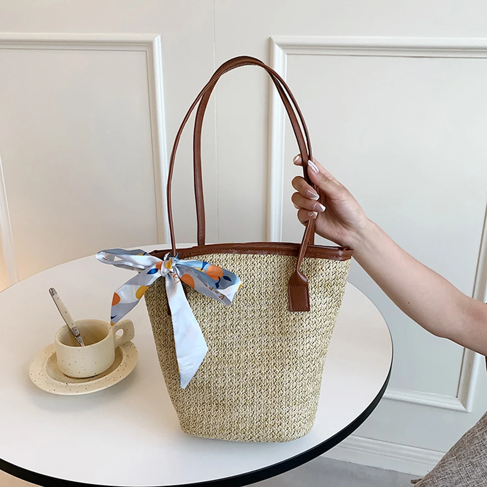 

Summer Vintage Silk Scarf Woven Shoulder Shopping Bags For Women Casual Solid Color Ladies Beach Vacation Small Bucket Handbags