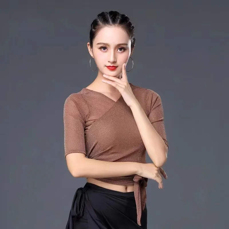 Женский тренировочный топ для латинских танцев черный сетчатый с коротким