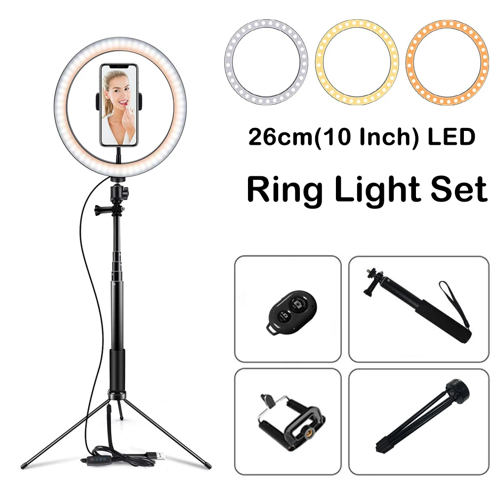

YUNZE 10-дюймовый светодиодный светильник для фотостудии, лампа для видеосъемки в реальном времени 3300-5500k, 60 дюймов, селфи-палка, свет для макияж...