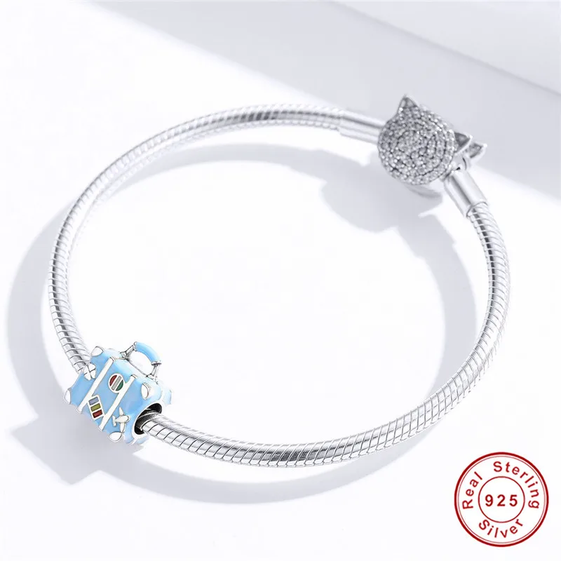 Подходит для браслета Pandora, серебро 925, голубой эмалированный чехол для путешествий, бисер S925, облако, самолет, карта, флаг, ствол, подвески для ювелирных изделий DIY