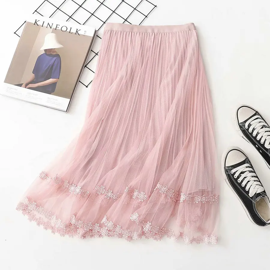 

Summer Women Romantic Pleated Gauzy Skirts Light Pink Gray Black Layered Shiny Fabric Calf Length Elastic Waist Skirt Classy