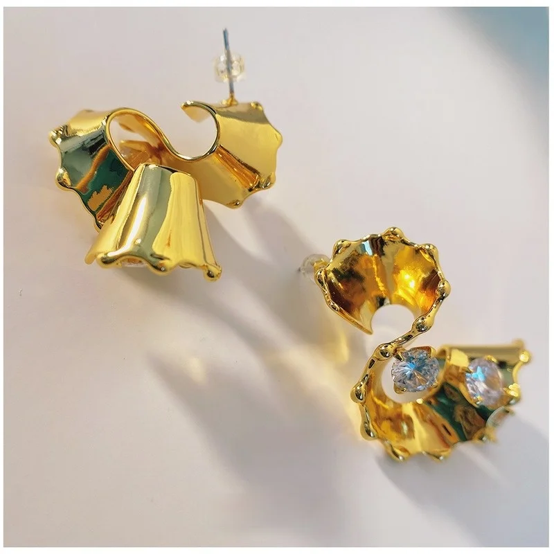 

Original Design Personality Exaggeration Shaped Big Wave Earrings IrregularMirror Gold Plated Women's Jewelry