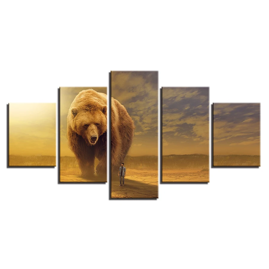 

Canvas HD Prints Poster Home Wall Art 5 Pieces Animal Brown Bear And Man Paintings Abstract Pictures Living Room Decor Framework