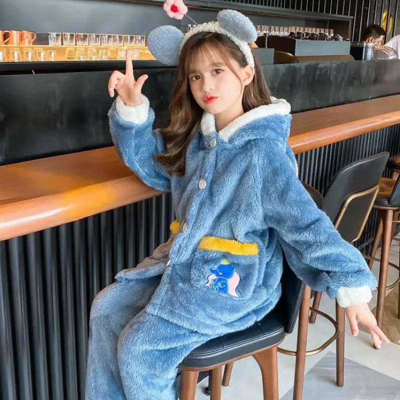 

Winter Flannel Pajamas Set For Girls Thickened Plush Thermal Hooded Sleepwear Pijamas Kids Children Night Leisure Home Clothing
