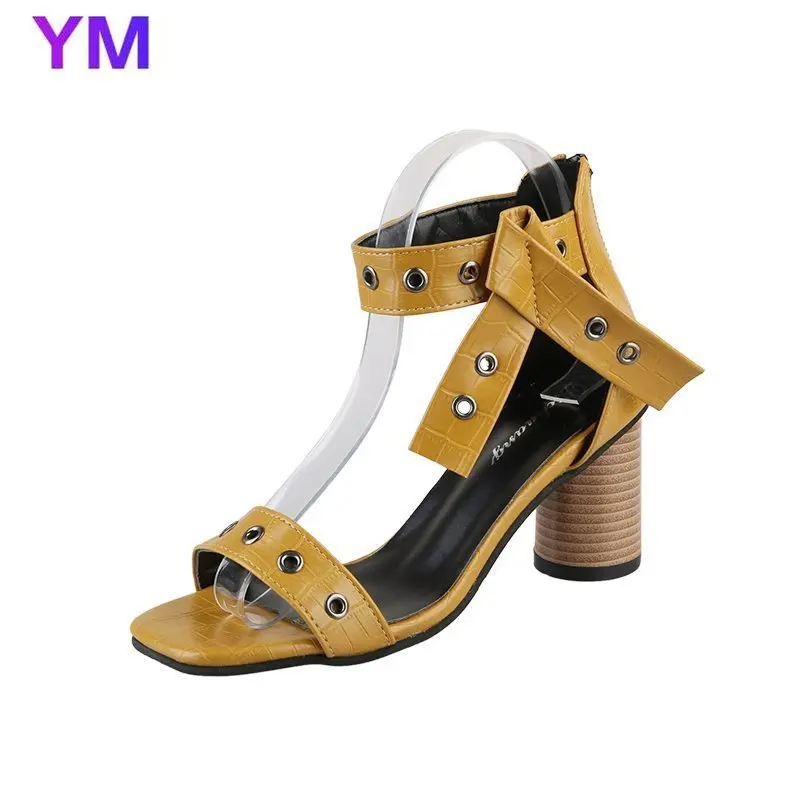 

Желтый; Летние сапоги; Пикантные босоножки-гладиаторы для похода в Офисная Женская обувь на высоком каблуке Босоножки с ремешком на застежк...