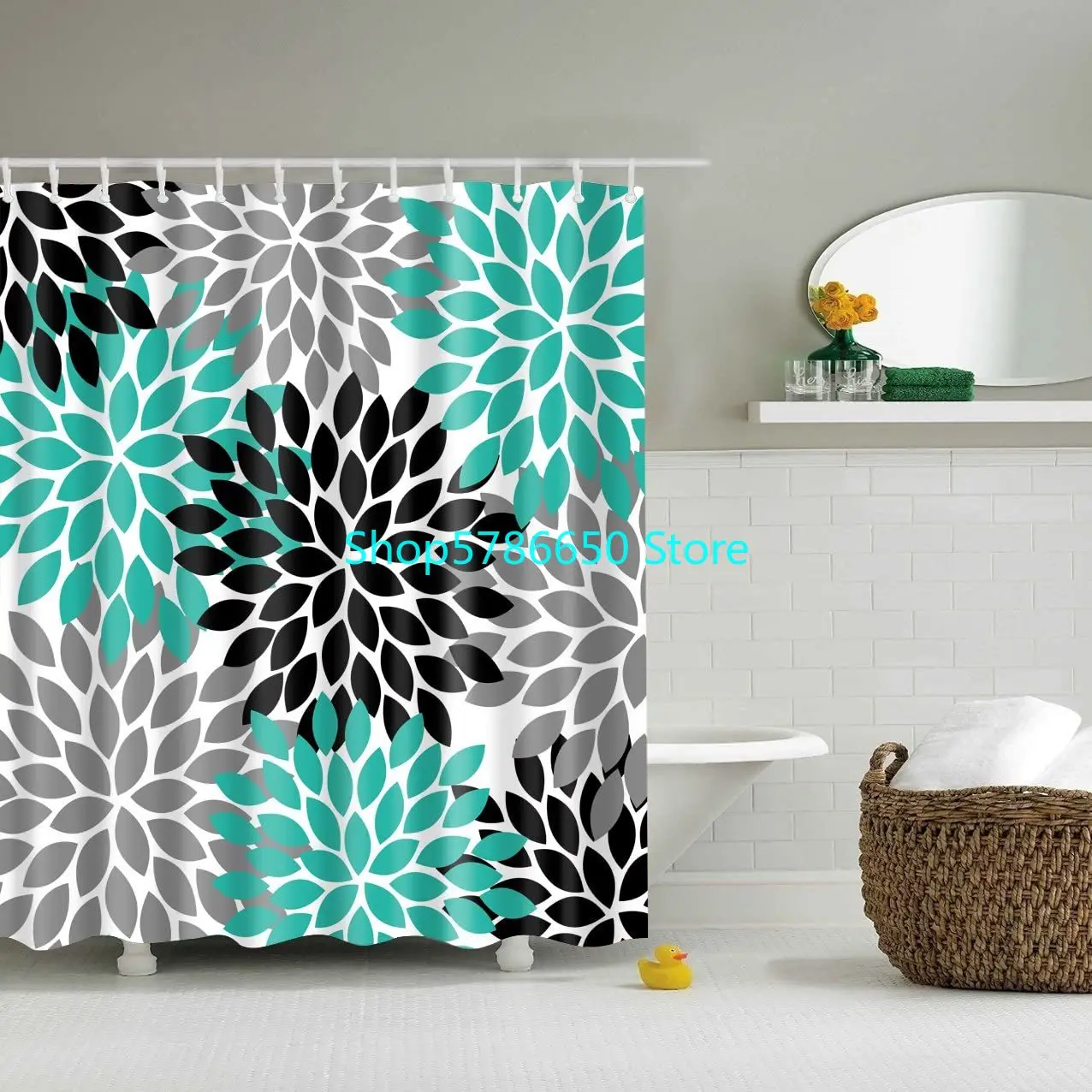 

Turquoise Pattern Shower Curtain Waterproof Polyester Fabric Shower Curtain Grey Black Dahlia Print Decorative Bathroom Curtain