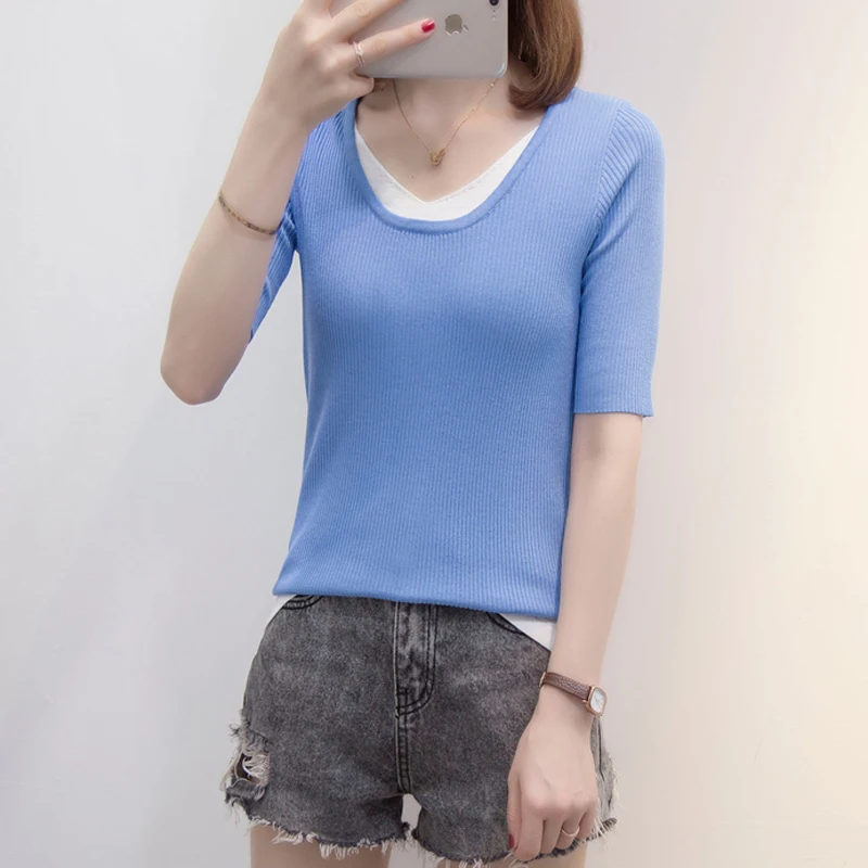 

Nkandby Plus Size Women Summer Knitted T-shirt 2021 Skinny Ice Silk V-neck Short Sleeve T Shirt Patchwork Korean Style Top Femme