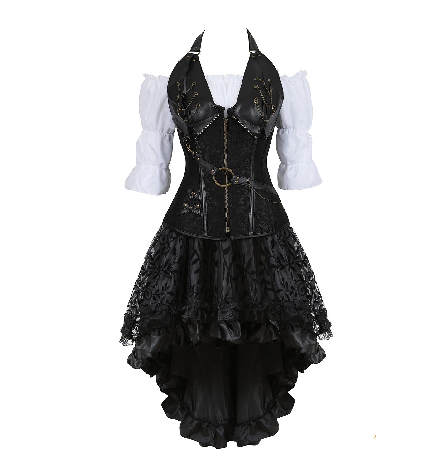 

Женский корсет-платье в стиле стимпанк, корсет из искусственной кожи с рубашкой, асимметричный Корсет-юбка черного, коричневого цветов