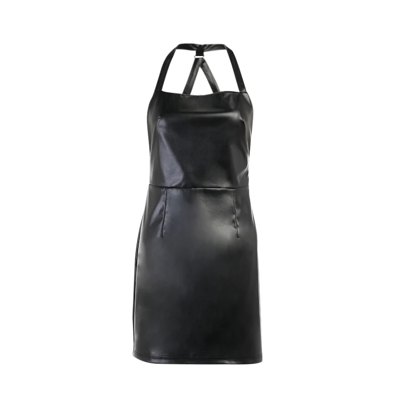 

WannaThis Faux Leather Halter Summer Black Sleeveless Mini Dresses For Women Cross Backless Solid Fashion Clubwear Sexy Vestidos