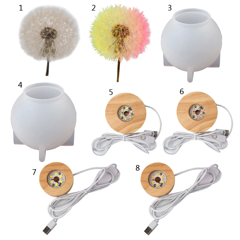 

DIY Crystal Ball LED Night Lights Epoxy Resin Mold Home Decoration Crafts Silicone Mold Wooden LED Lighted Base Dried Dandelion