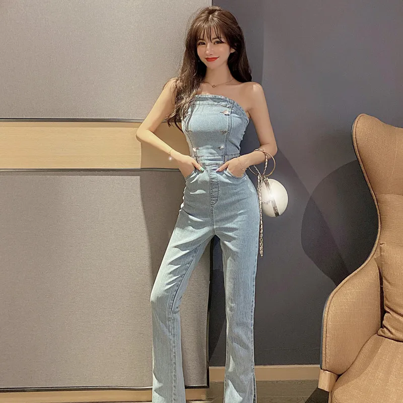 Комбинезон джинсовый женский без бретелек Модный повседневный однотонный