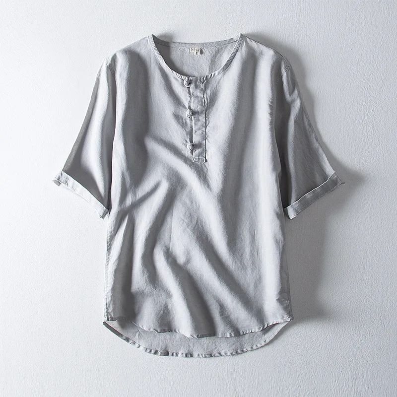 Повседневные мужские льняные рубашки в китайском стиле рубашка без воротника и
