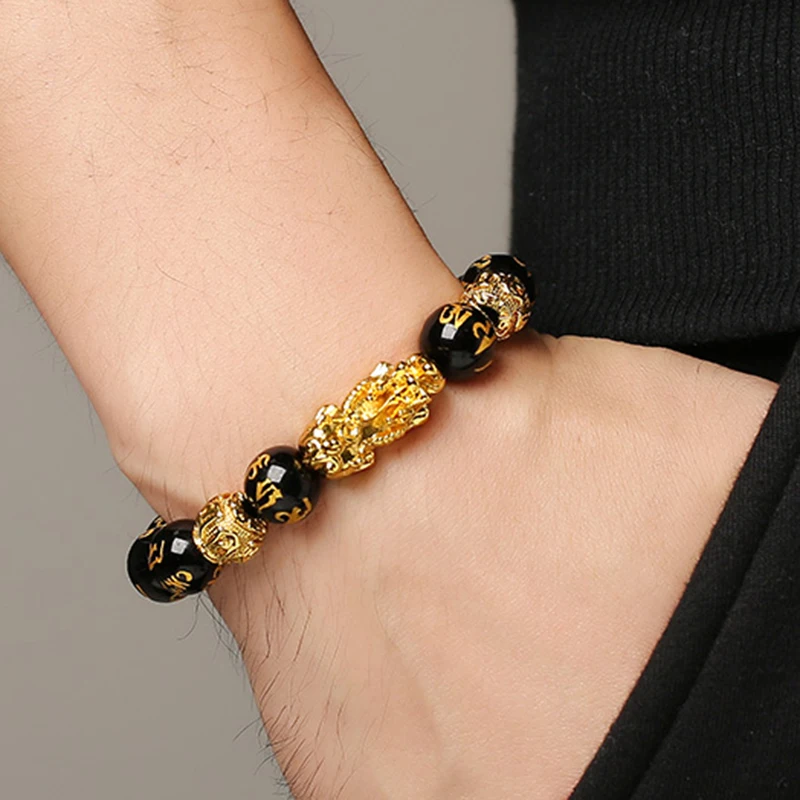 

Black Obsidian Wealth Bracelet Adjustable Releases Negative Energies Bracelet with Golden Pi Xiu Lucky Wealthy Amulet Bracelet