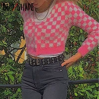 bold shade pastel aesthetic y2k indie cardigan sweater plaid print patchwork v neck sweaters single breasted pink soft knitwear