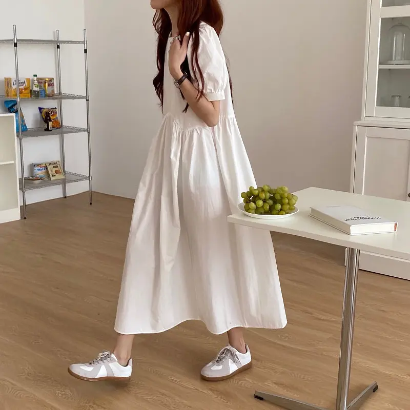 

Alien Kitty Vintage Lantern Sleeves Irregular Pleated High Quality 2021 Casual Summer Solid Women All Match Stylish Long Dress