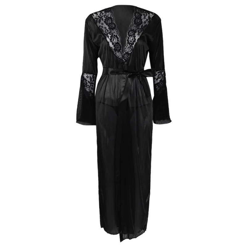 

Womens Sexy Long Kimono Dress Lace Bath Robe Lingerie Ice Silk Nightdress Solid