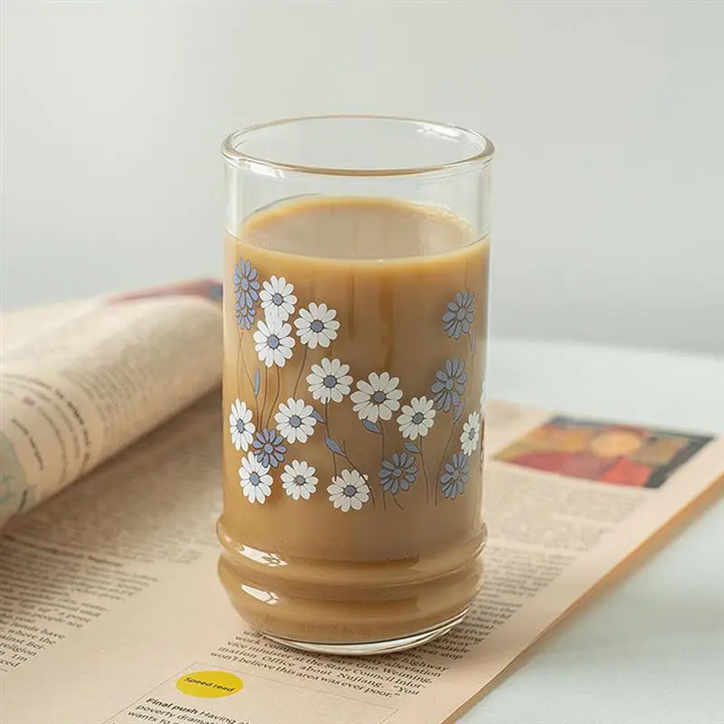 1Pc Glass Cup Coffee Water Milk Mug Flower Pattern Office Teacup Home |