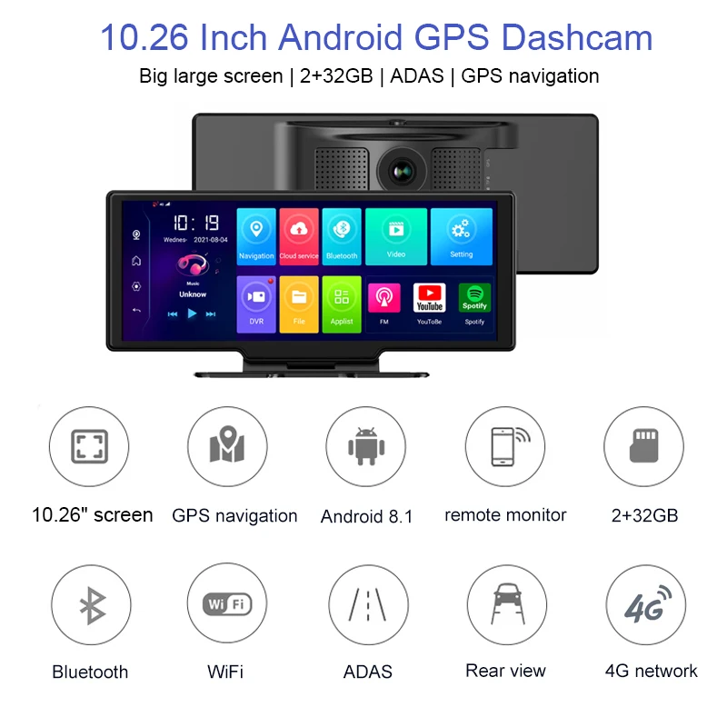 Видеорегистратор с большим экраном 10 26 дюйма GPS-навигацией Android 8 1 2 + 32 ГБ |