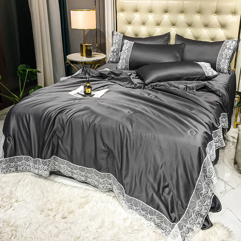

Duvets Washed Simulated Silk Air Conditioning Quilt Cool In Summer Quilt Lace Quilt Pure Color Bedding Single Without Sheets