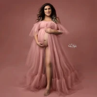 Elegant Blush Pink Tulle Dresses For Pregnant Woman Ruffles Mesh Long Maternity Robe Birthday Baby Shower Photoshoot