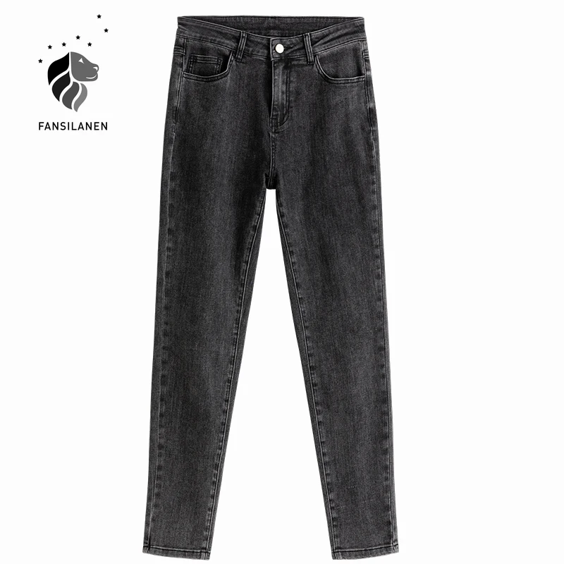 

FANSILANEN Dark Skinny Jeans Women Summer 2021 New Style Pencil High Waist Small Feet Washed Pencil Pants Woman Jeans