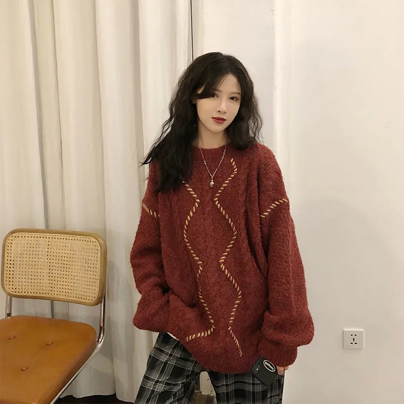 

Японский винно-красный новогодний свободный приталенный вязаный свитер женский осенне-зимний утепленный в гонконгском стиле ретро ленивы...