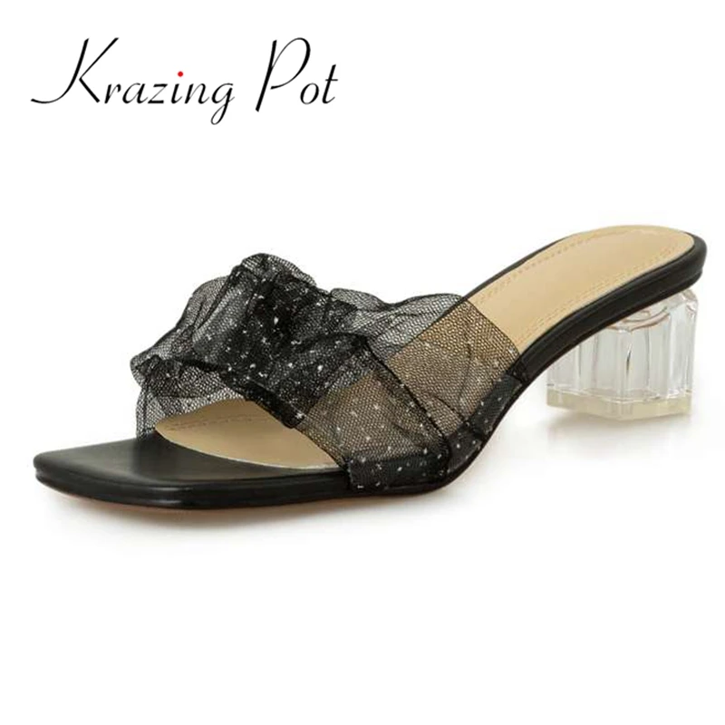 

Krazing Pot summer open toe size 40 transparent crystal heel vintage European style solid brand shoes slip on women sandals L76