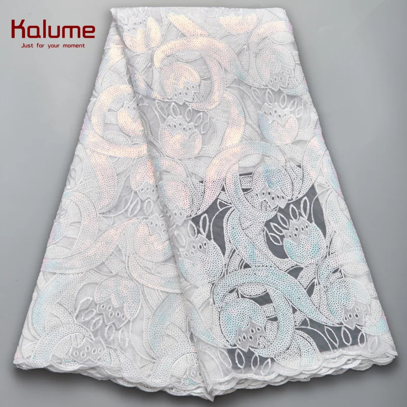

Белая африканская кружевная ткань Kalume, 2021 блесток, высокое качество, нигерийский тюль, кружевная ткань с блестками для шитья, свадебное плат...