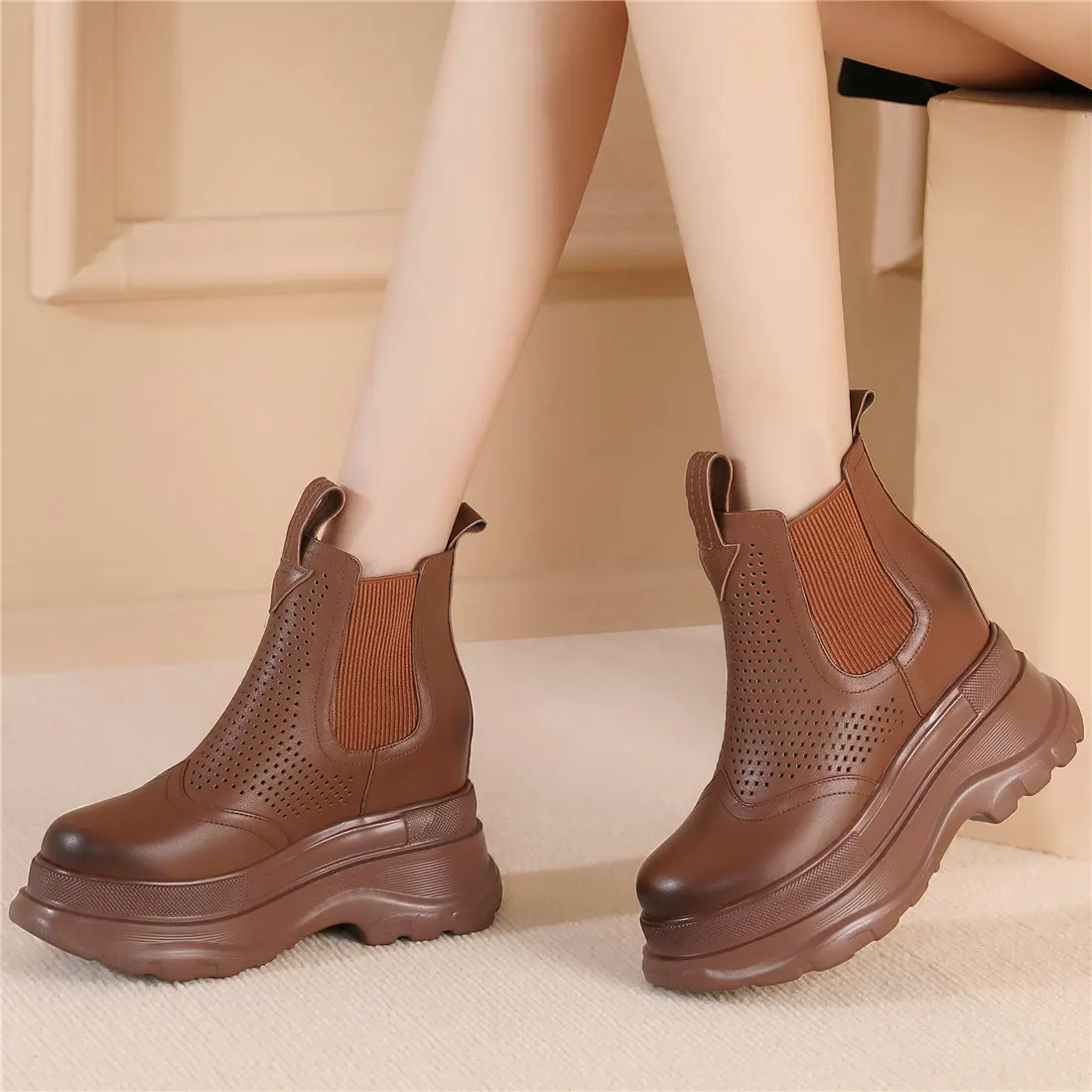Breathable Fashion Sneakers Women Slip On Genuine Leather High Heel Ankle Boots Female Chunky Platform Pumps Shoes Casual Shoes
