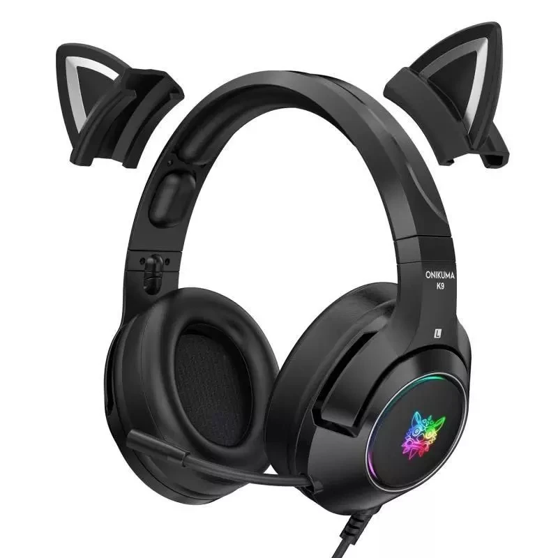 

K9 Pink Cute Girl Gaming Headset Removable Cat Ears With Mic ENC Noise Reduction HiFi 7.1 Channel RGB LED Light Wired Headphone