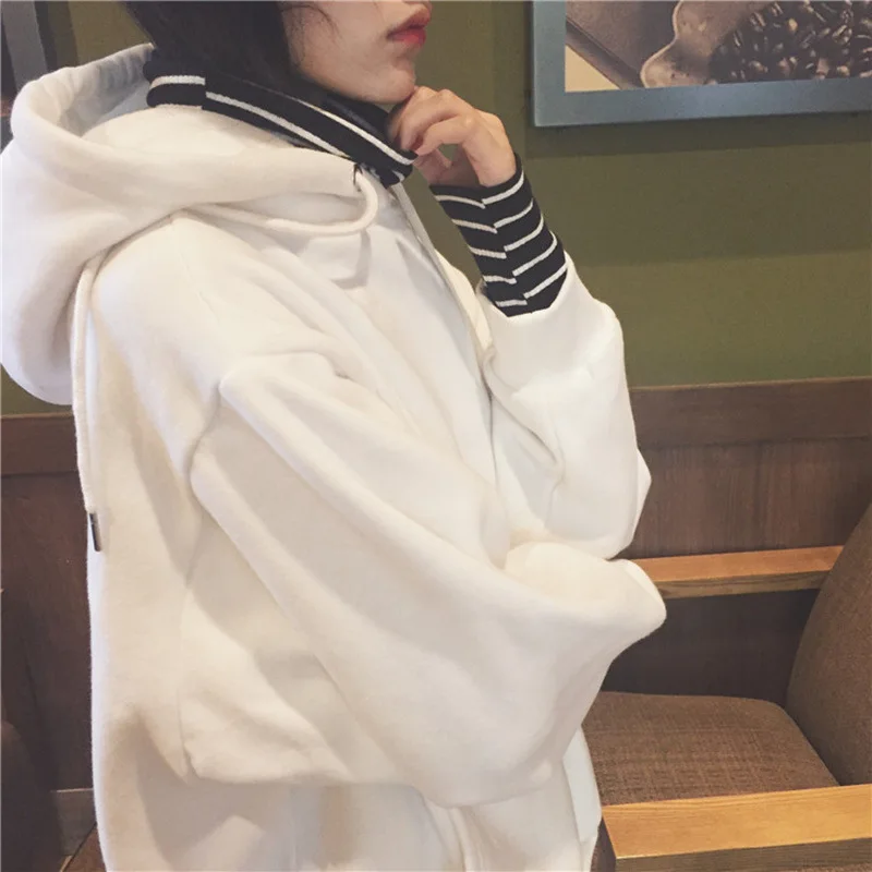 

2019 autumn and winter thickening Harajuku loose bf long-sleeved fake two-piece coat head hooded plus velvet sweater female tide