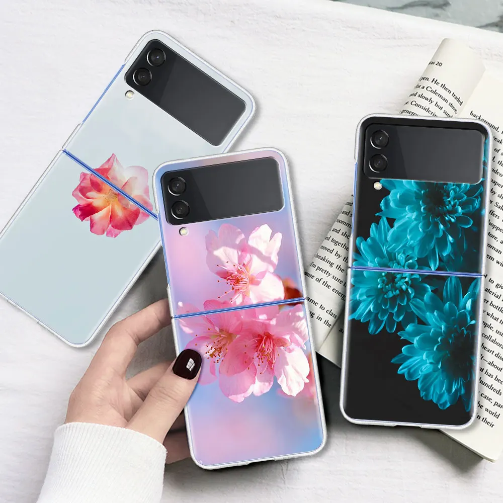 

Beautiful Flower Plant Transparent Case for Samsung Galaxy Z Flip 3 5G Cell Phone Bag ZFlip 6.7" PC Segmented Protect Cover Bag