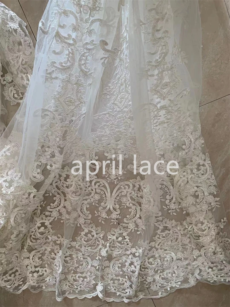 

Haute Couture 5Yards/Lot Offwhite Sequin Best Quality Luxury Embroidery Tulle Mesh Lace French Fabric for Wedding Bridal Dress