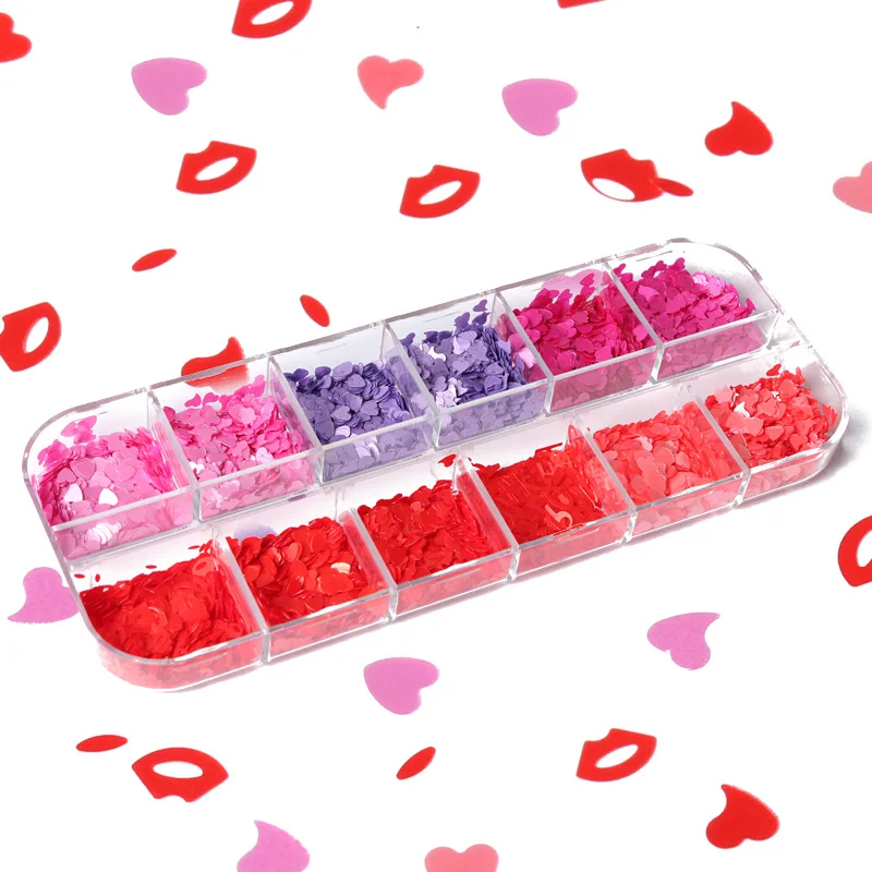 

12 Grid Resin Filler Flakes Red Heart Lips Flakes for Epoxy Resin Mold Clay Slime Filler Jewelry Making Components DIY Set
