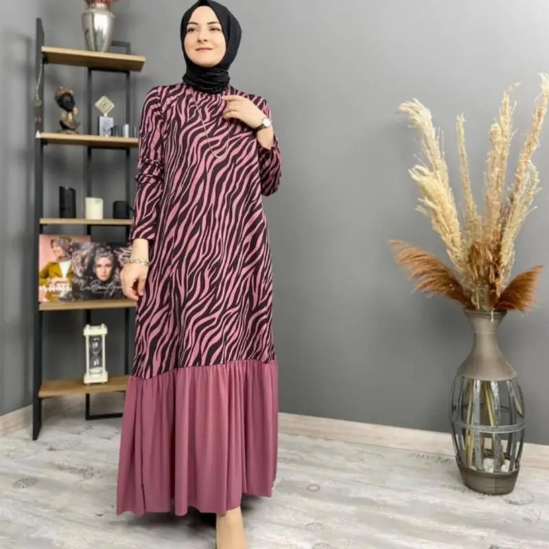 

2021 Dubai Robe New Print Stitching Long-sleeved Commuter Plus Size Muslim Dress Moroccan Oriental Dress Arab Women Dresses