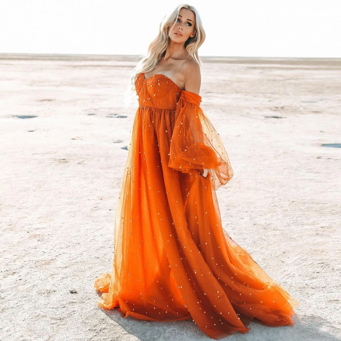 

Off-Shoulder Orange Prom Dress Pearl Long Tulle Dress A-line Long Sleeve Evening Dresses Autumn Elegant Birthday Dress Long Robe