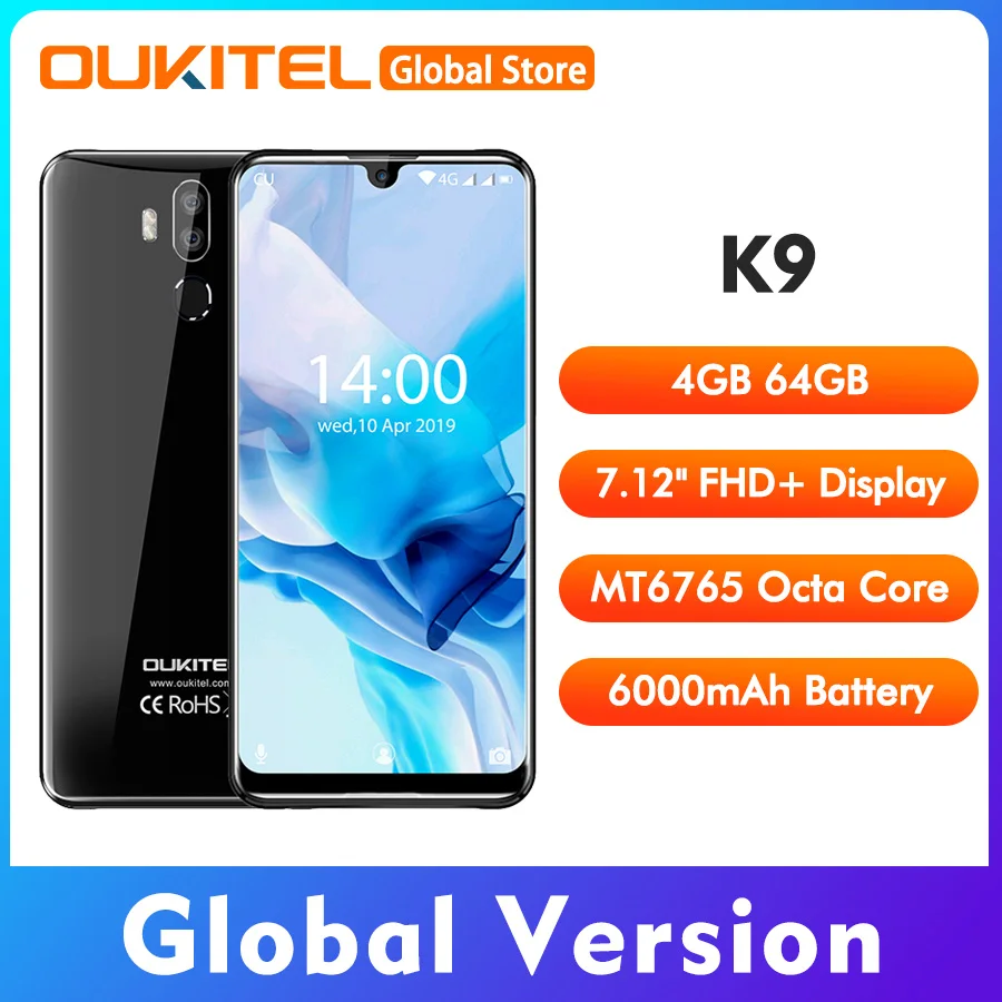 

Смартфон OUKITEL K9 Waterdrop с быстрой зарядкой, мобильный телефон FHD+ 7,12 дюйма, 1080*2244, 16 Мп+2 Мп/8 Мп, 4 Гб, 64 Гб, Face ID, 6000 мА/ч, 5 В, 6 А, быстрая зарядка OTG
