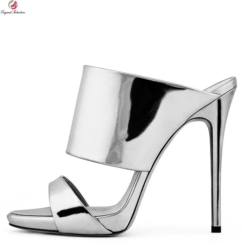 

Original Intention Fashion Rome Style Mirror Gold Silver Sandals Woman Open Toe Stiletto High Heels Super Sexy Hot Shoes Female