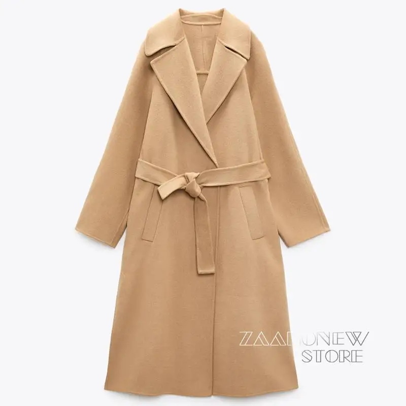 

Новинка 2022, женское осенне-зимнее винтажное шерстяное пальто ZAAHONEW, Повседневная Верхняя одежда с поясом и карманами, женское теплое длинное...