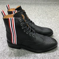 tb thom shoes men leather shoes fashion brand footwear brogue rwb stripe black pebble grain wingtip boot and leather upper shoes