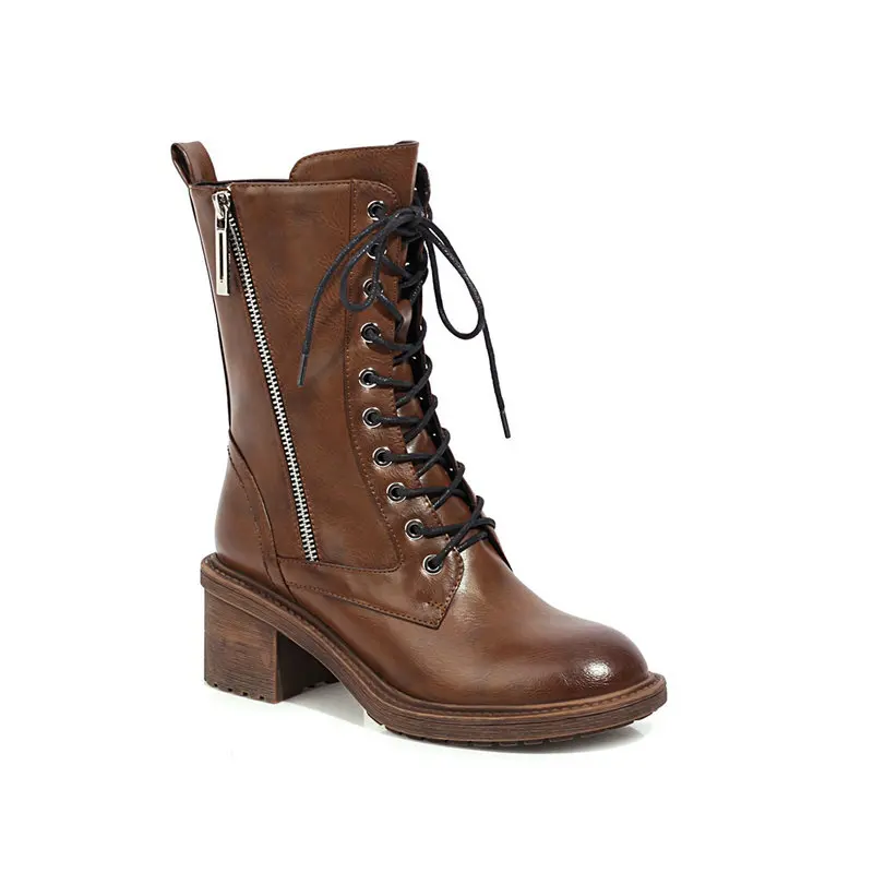 

2021 New Round Toe Lace Up Zipper All Match Women Shoes Autumn Winter Square Heel Ankle Boots PU Leather Ladies Shoes Size 34-40