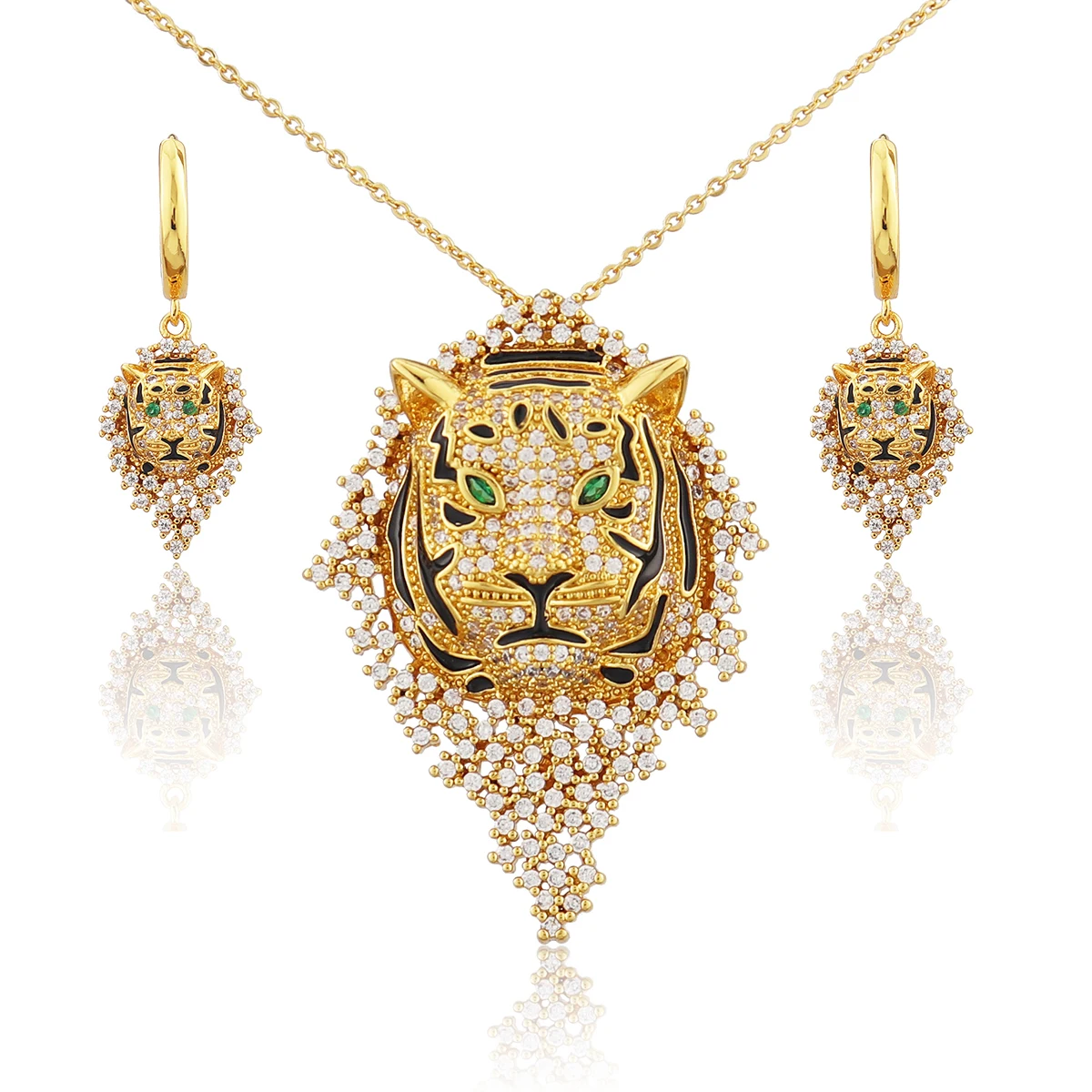 

Luxury Fashion Classic Animal Tiger head copper AAA Zircon Pendant Earrings Jewelry Set Party Girl Gift
